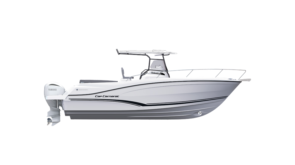 Ein graues Motorboot mit einer konzentrischen Steuerkonsole und einem eleganten Design.